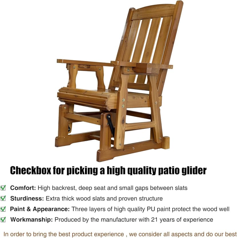 Fortune Candy Wooden Patio Glider for One Person, with High Back and Deep Contoured Seat, Solid Fir Wood, Heavy Duty 600 LBS (Cedar Tone, 1-Seater)
