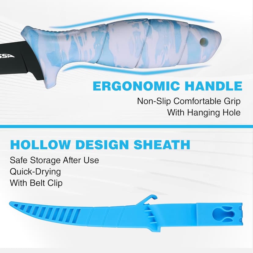 FLISSA Fillet Knife Set with 5"/6"/7"/9" Fillet Knives, Sharpener, Protective Sheath, Portable Roll Bag, Gifts for Fishermen, Saltwater & Freshwater Use