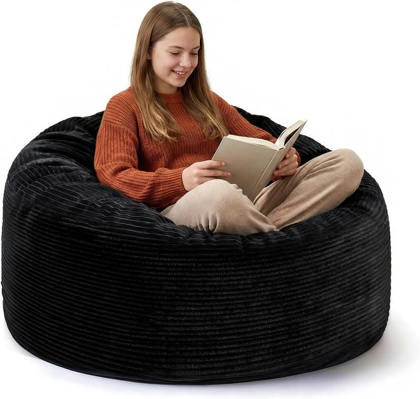Bean Bag Chairs for Teens, 3FT Bean Bag with Memory Foam Filling, Bean Bag Chairs with Plush Microfiber Removable Cover, Cozy Sofa for Reading, Gaming- Black