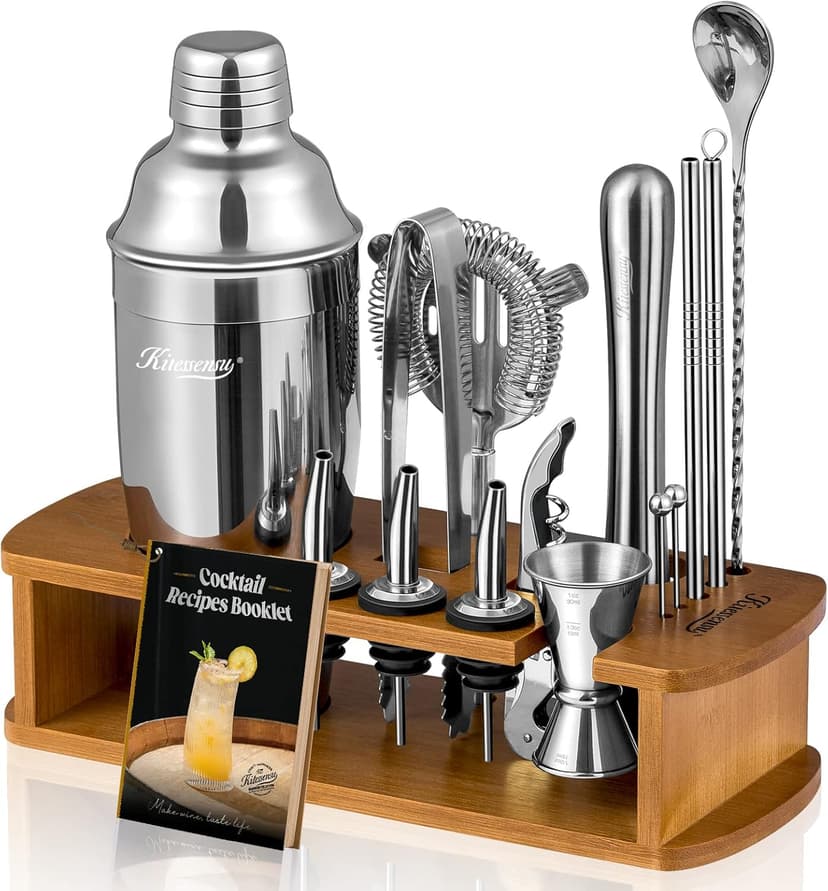 KITESSENSU Cocktail Shaker Set Bartender Kit with Stand | Bar Set Drink Mixer Set with All Essential Accessory Tools: Martini Shaker, Jigger, Strainer, Mixer Spoon, Muddler, Liquor Pourers |Silver B08BYJ8KSR