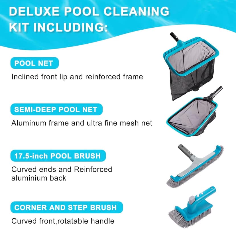 Sepetrel Deluxe Swimming Pool Cleaning Kit Including 2 Brush Heads, 2 Pool Skimmer Nets(NO Pole)