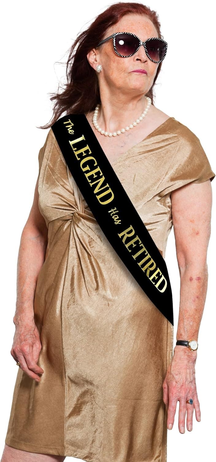 The Legend Has Retired Sash – Elegant Black and Gold Foil Legendary Sash for Both Women and Men & a Large Gold Safety Pin. Perfect for Retirement Parties