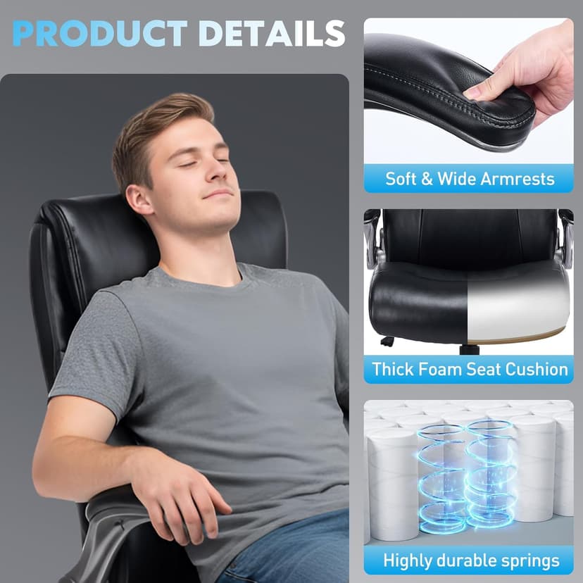 MALOL 300lbs Ergonomic PU Leather Office Chairs, High-Back y Home Computer Executive Chair with Lumbar Support and Flip-Up Arms, Black