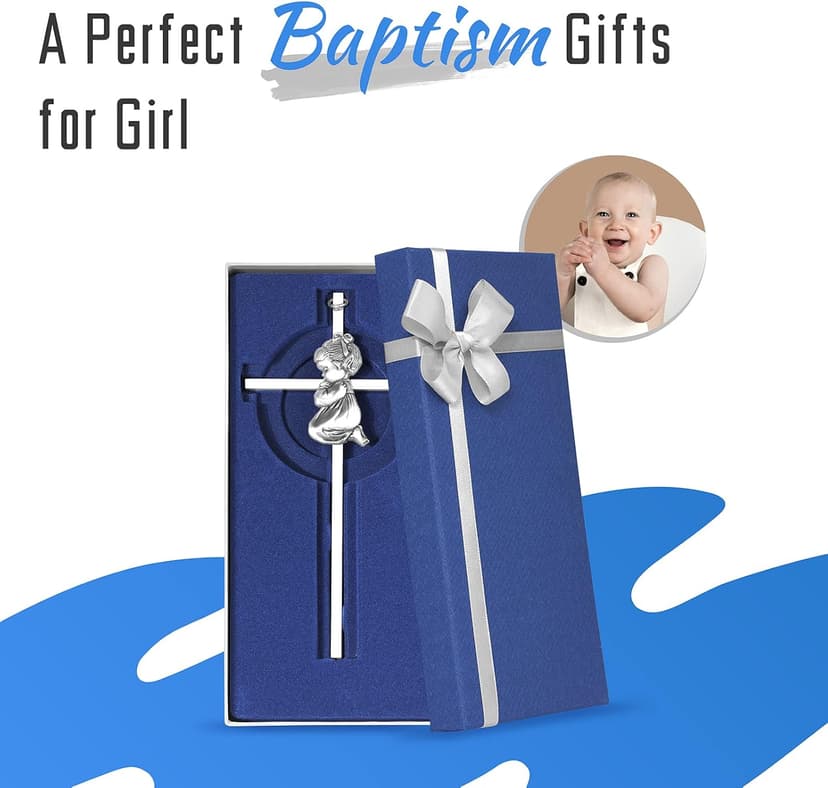 Baby Wall Cross Baptism Gifts for Girl, 7-inch Silver Praying Girls Baptism Crosses for First Holy Communion Christening and Dedication Baptismal Gifts from Godparents