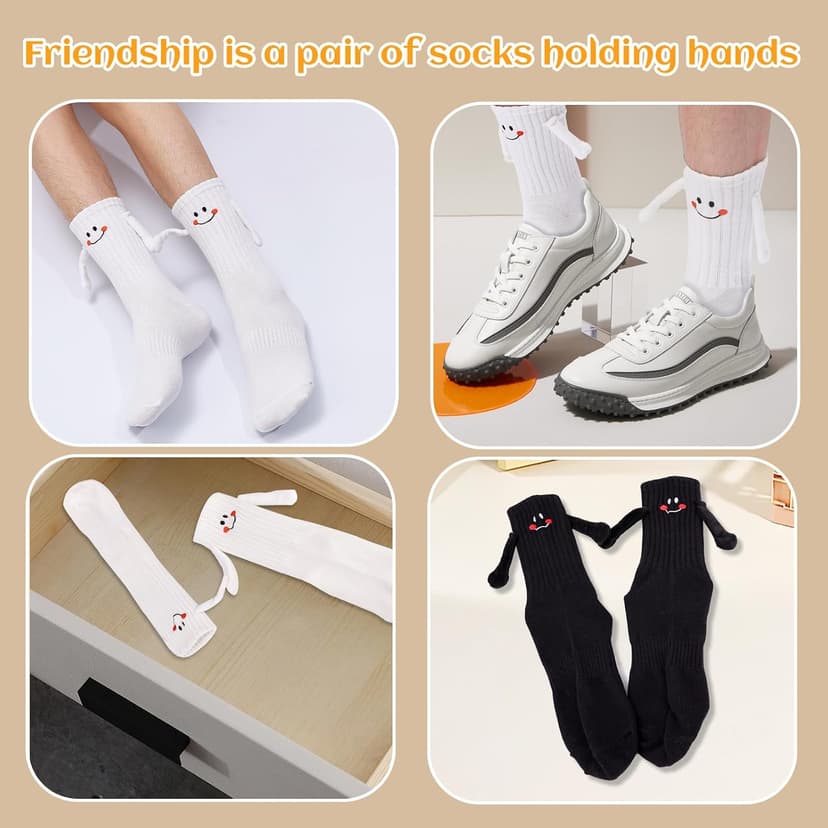 Soft cotton blend, funny 3D holding hands design. Perfect novelty matching socks gift for couples, lovers, and friends. Magnetic Holding Hands Socks for Couples, Cute Novelty Crew Socks B0DJR45VXM