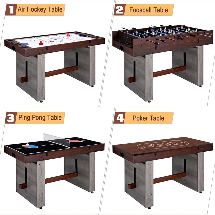4-in-1 Combo Game Table 55" Multi-Game Table with Foosball, Electric Air Hockey (Powerful 700mA Motor), Ping Pong & Poker Great for Home & Game Room Fun