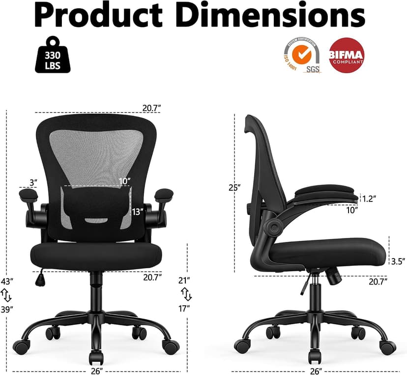 Office Chair, Ergonomic Office Chair with Back Support, Comfy Home Office Desk Chairs with Lumbar Support & Flip-up Armrests, 330LBS Mesh Computer Executive Task Chair for Home Office, Black