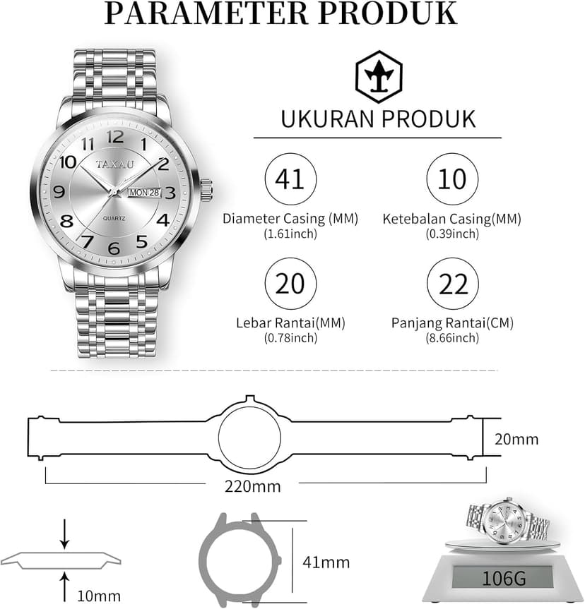 Taxau Watches for Men Stainless Steel Waterproof Two Tone Luxury Casual Silver Wrist Watch Quartz Analog Business Big Face Classic Dress Mens Watches with Day Date