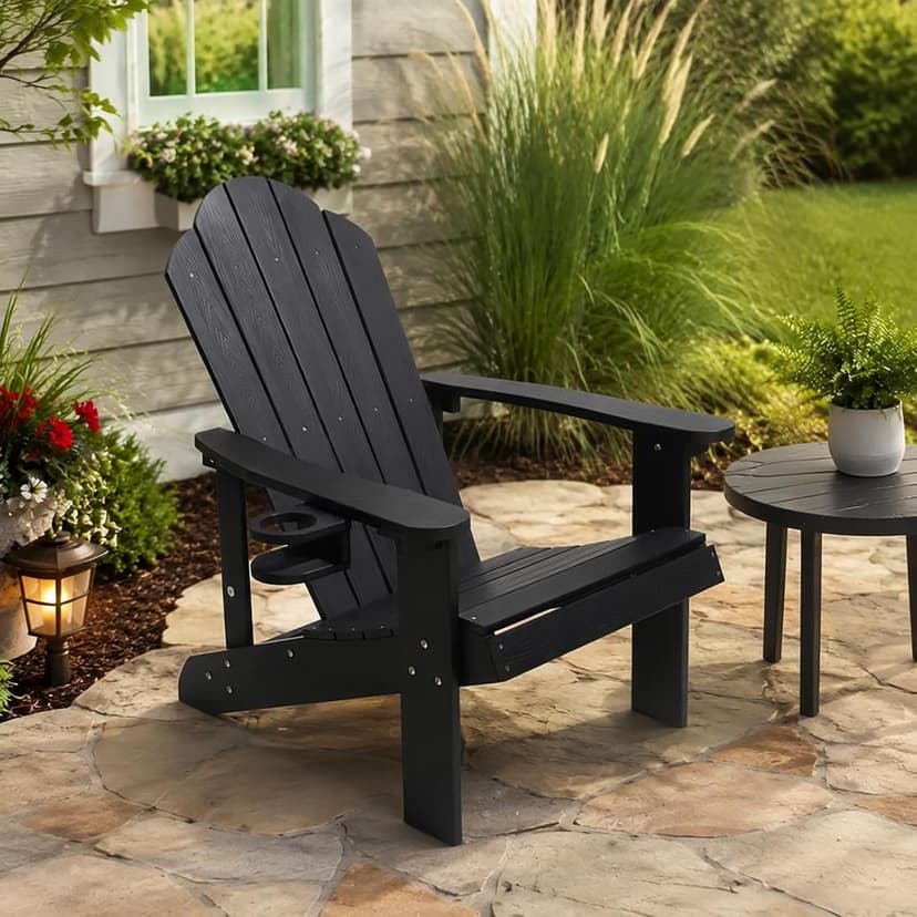 Adirondack Chair,All-Weather Can Used Patio Chair with Cup Holder,Sturdy Outdoor Lawn Chair,Easy Clean Surface and Anti-Tip Safety Features,Black