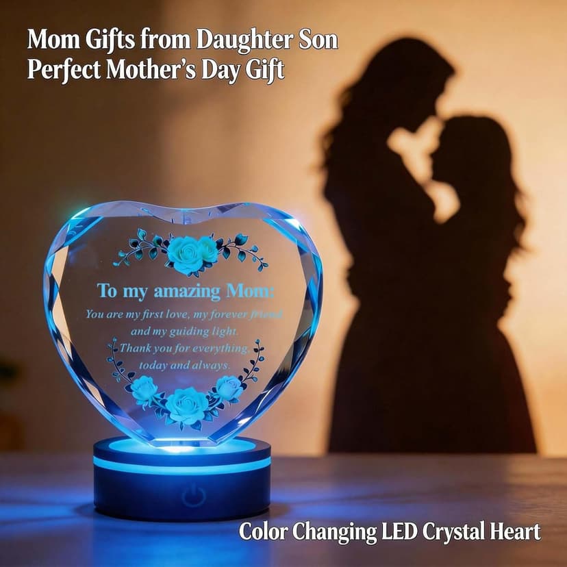 Premium K9 Crystal, Laser Engraved, 6-Color USB LED Base, Gift Box Packaging, Perfect Present for Birthdays & Christmas Crystal Heart Keepsake for Mom, Color Changing LED, Mothers Day Gift B0GS15MD5Z