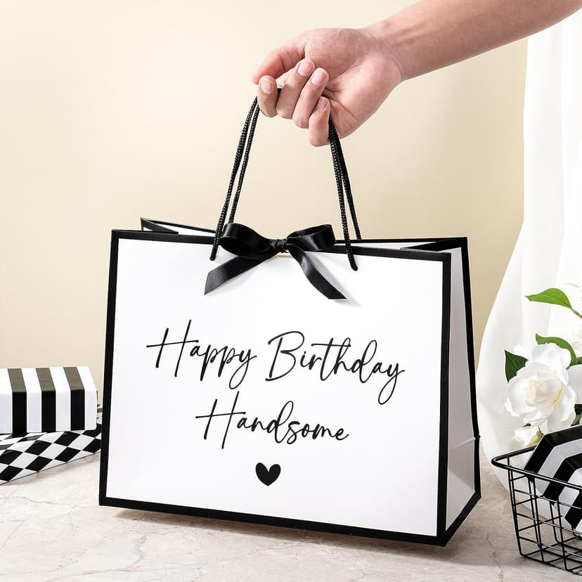 Loveinside 13" Large Birthday Gift Bag, White & Black Happy Birthday Handsome Elegant Script Design Party Bag with Bow Ribbon for Men, Husband, Boyfriend, Party Gift, 13" x 5" x 10", 1 Pcs B0GGZD2DT9