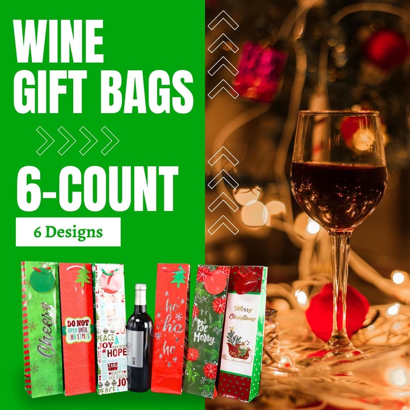 Iconikal 6-Pack Christmas Wine Bottle Gift Bags, Heavy-Duty with Ribbon Handles, Assorted Holiday Designs - Ideal for Festive Xmas Gifting, Parties & Bulk Wrapping