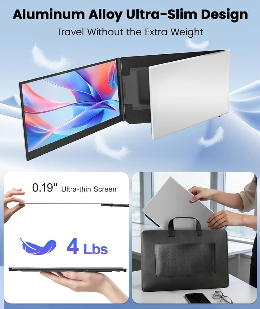 One Cable Laptop Screen Extender, 15.6” Ultra-Slim Triple Portable Monitor, 1080P FHD IPS Display, USB-C/USB-A Connection, Travel Monitor for 13–17.3" Laptops, MacOS/Windows/Android
