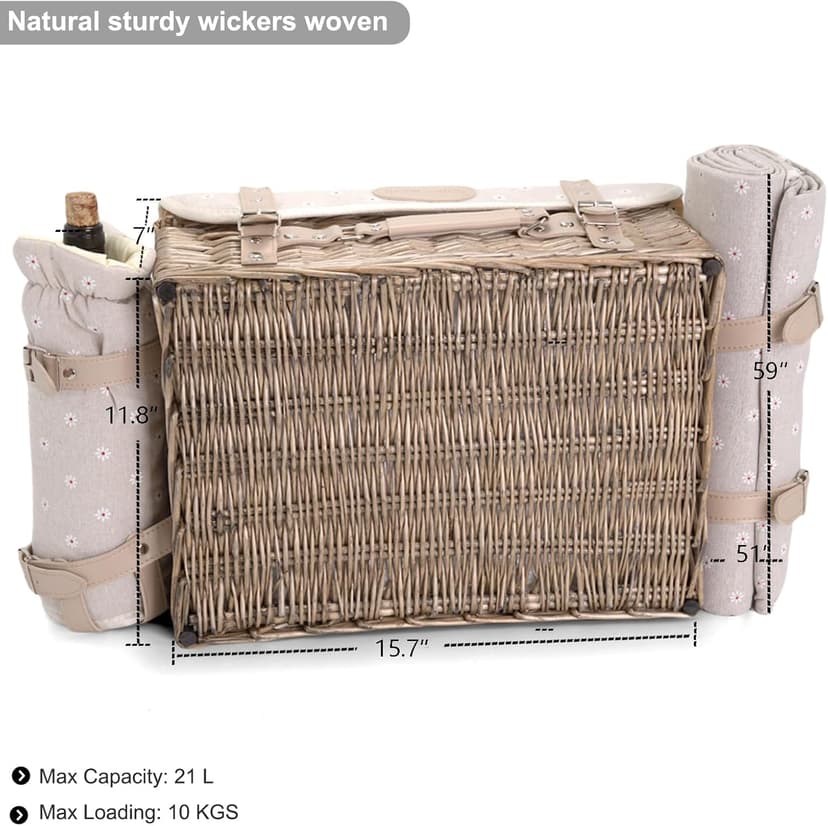 Multifunctional Wicker Picnic Basket Set for 2 with Blanket and Picnic Table, Insulated Picnic Set with Full Tablewares for Camping Outdoor Couples, Flowers B0D4Q11DMV