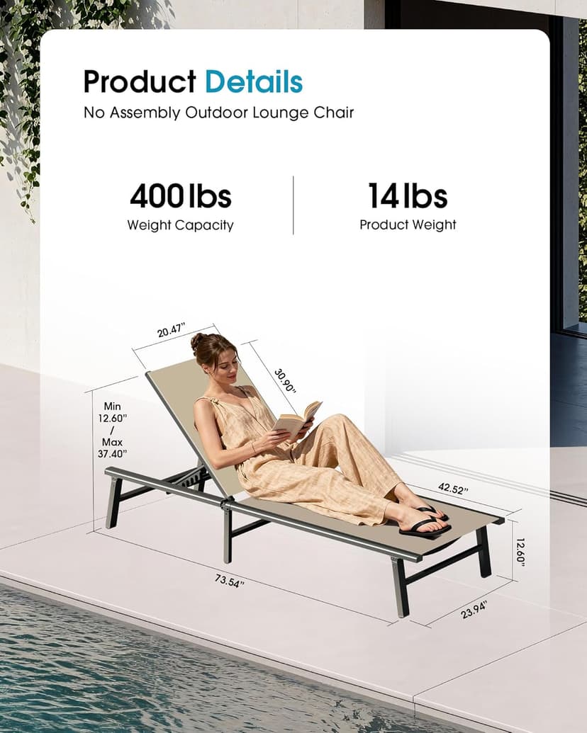 Ciokea Foldable Outdoor Lounge Chair, No Assembly Patio Chaise Lounge Outdoor with 5-Positions, Aluminum Pool Lounge Chair with Portable Design for Pool, Beach, Deck, Backyard, Khaki