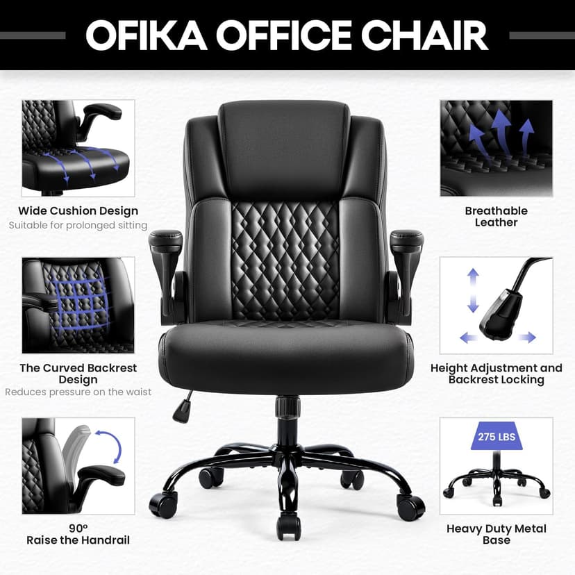 OFIKA Leather Office Desk Chair,Ergonomic Office Chair with Lumbar Support,Computer Chair,Executive Leather Chair with Padded Flip-up Arm,Adjustable Armrests, Black,275LBS