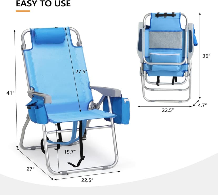 VINGLI Tall Beach Chair 2 Pack Lightweight, Backpack Beach Chair for Adults with 5-Position, Cooler Bag, Cup Holders, Towel Bar, Folding Beach Camping Chairs(16“-Blue)