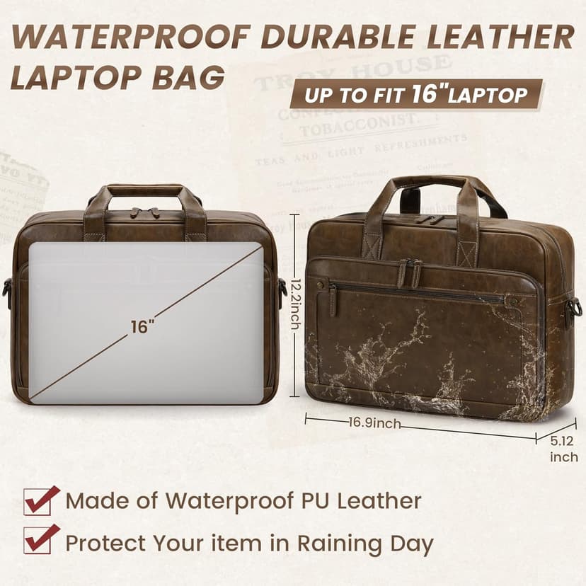 RAINSMORE Mens Laptop Bag 16 Inch Leather Briefcase Vintage Messenger Bag for Men Large Crossbody Shoulder Office Computer Bag Retro College Satchel Bag for Work, Business,Travel, Brown