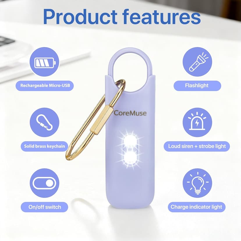 Personal Safety Alarm for Women – Panic Button 130dB Siren with Dual LED Strobe Flashlight, Rechargeable Self Defense Keychain for Night Walking, Campus, Travel Gifts for Women (Violet) B0FX35T8LD