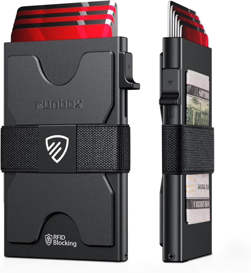 RUNBOX Mens Business Card Holder, Slim Card Wallet for Men and Women, Minimalist RFID Blocking Wallet with Pop-Up Function, Thin Design, Metal Cases Holds 6+6 Cards, Gifts for Men, Men's Accessories