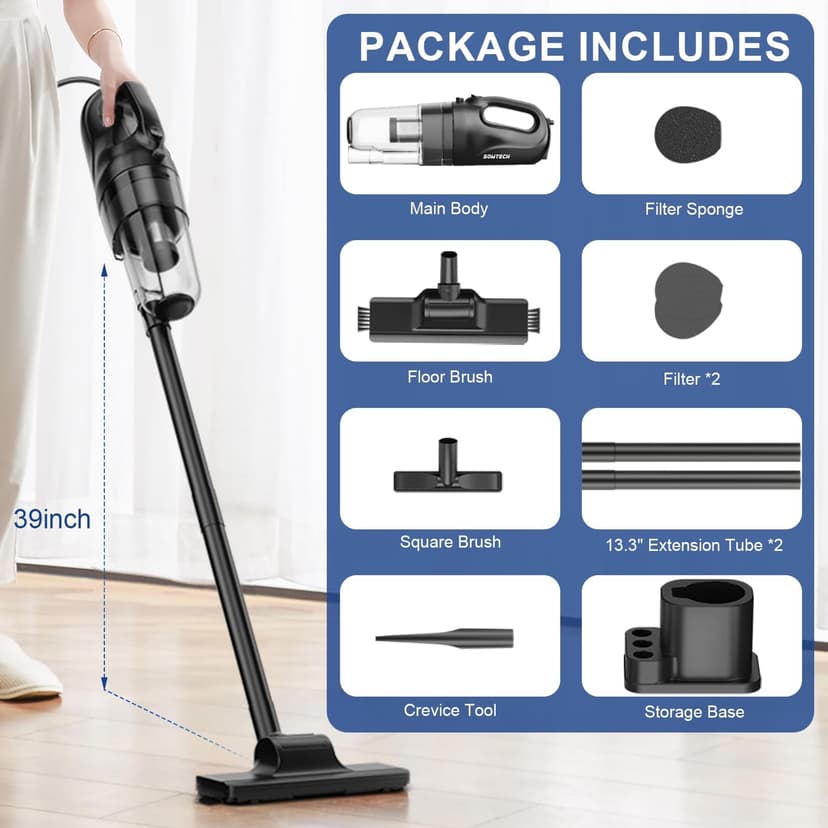 SOWTECH Corded Vacuum Cleaner, Super Power Suction Stick Vacuum Cleaners for Home, 6-in-1 Lightweight Hard Floor Vacuum Removable Handheld Vac, Portable Vacuum for Pet Hair