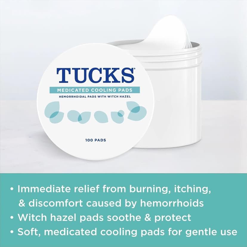Witch hazel pads designed for sensitive areas and used by hospitals for hemorrhoid symptom relief, also postpartum essentials TUCKS Medicated Cooling Pads, Witch Hazel Hemorrhoid Treatment, 100 Count B06ZYLFV8L