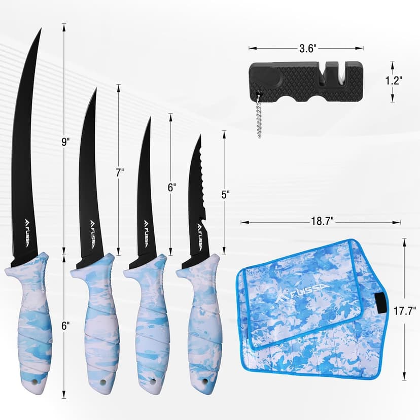 FLISSA Fillet Knife Set with 5"/6"/7"/9" Fillet Knives, Sharpener, Protective Sheath, Portable Roll Bag, Gifts for Fishermen, Saltwater & Freshwater Use