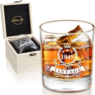 LIGHTEN LIFE 80th Birthday Gifts for Men 12 oz,1945 Whiskey Glass in Valued Wooden Box,Birthday Bourbon Glass for 80 Years Old Dad,Husband,Friend,80th Bday Gift Ideas