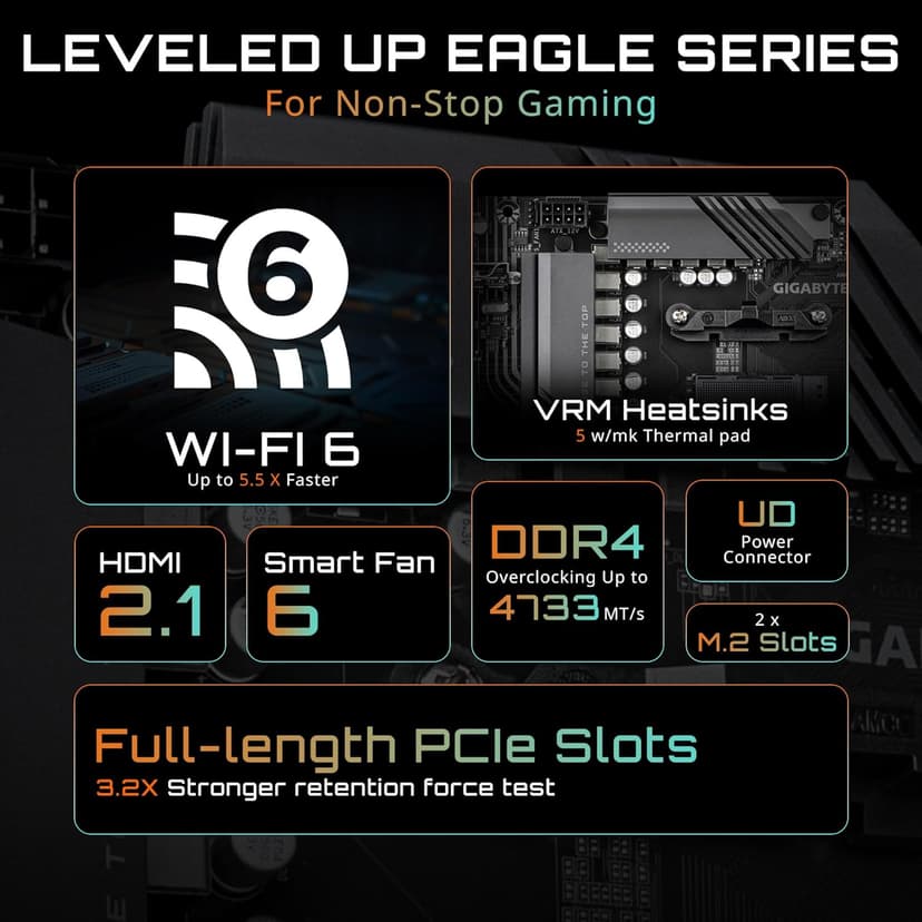 GIGABYTE B550 Eagle WIFI6 Motherboard, Supports AMD AM4 Ryzen 5000 Processors, ATX, DDR4, 2X M.2, PCIe 4.0, WIFI6, 1GbE LAN, EZ-Latch