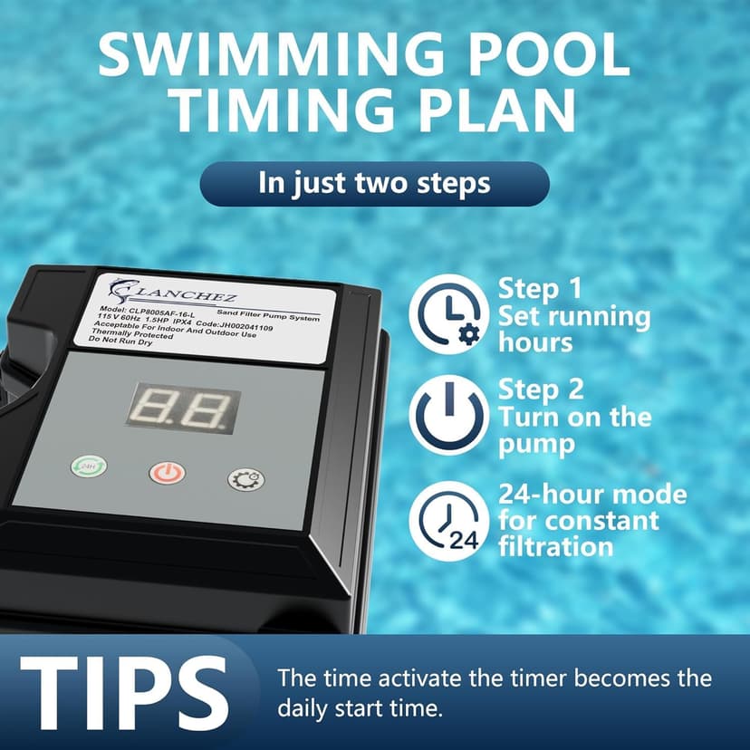 LANCHEZ 16" Sand Filter with 1.5 HP Pool Pump, Digital Programmer Timer, 4900 GPH for Above Ground Pool Pump Set Up to 16000 Gallons, 7-Way Valve Sand Filter Pump System