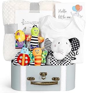 Baby Gift Set, Baby Shower Gifts, Black and White High Contrast Baby Toys 0-6 Months for Newborn Essentials Infant Rattle Socks Elephant Toys Blanket Onesies Baby Gift Basket for Girls Boys