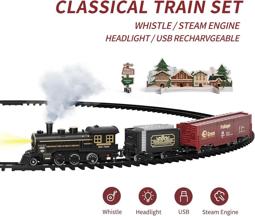 TEMI Steam Train Toy Set for Boys 3 4 5 6 7 Years, with Sounds & Light, Electric Classical Engine Locomotive for Kids, Rechargeable Model Train Kit for Christmas Tree, Cargo Car Railway Tracks