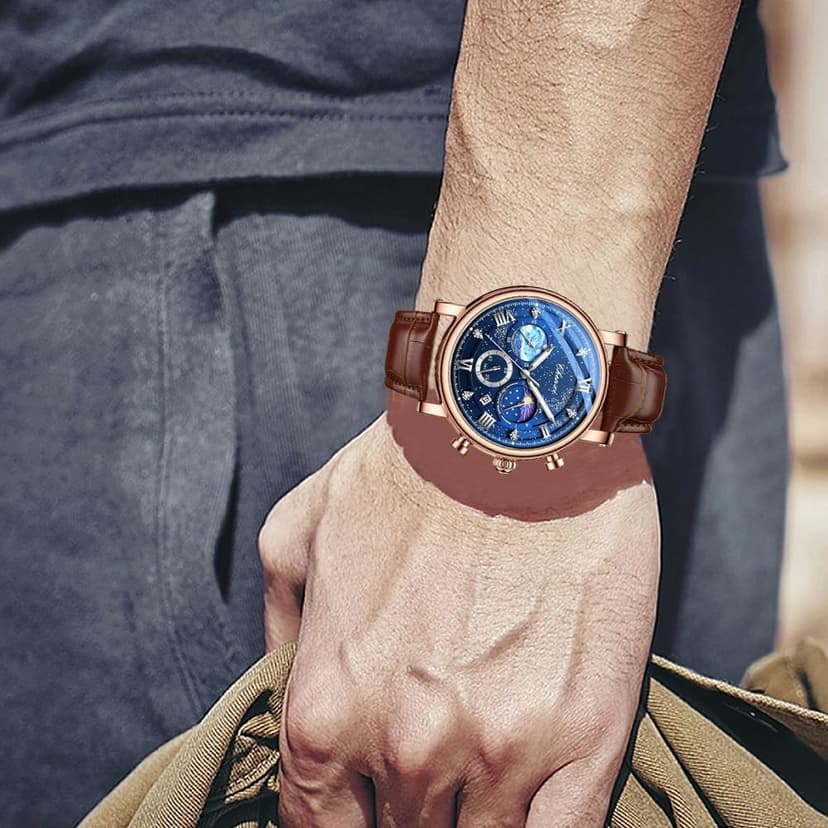 FANMIS Men's Classic Multifunctional Military Sports Analog Watch Business Dress Waterproof Luminous Chronograph Starry Sky Moon Phase Leather Wristwatch