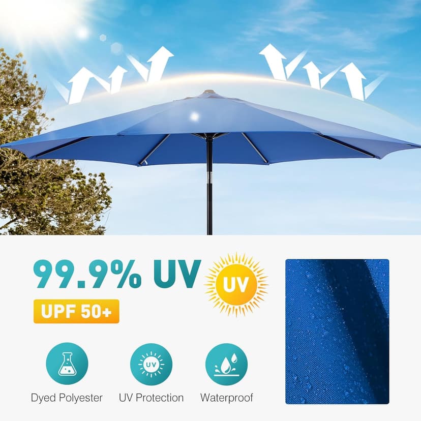 OLIXIS 9ft Patio Umbrella with Tilt and Crank Button & 8 Sturdy Ribs Waterproof, Patio Table Umbrella Perfect for Poolside, Terrace, Beach and Outdoor Restaurant, Blue