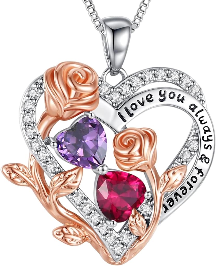 I Love You Birthstone Necklace, 925 Sterling Silver Heart Pendant with CZ Diamond Stones, Birthday Gifts for Women, Romantic Gift for Wife, Girlfriend, Her, Anniversary, Valentine's Day, Christmas