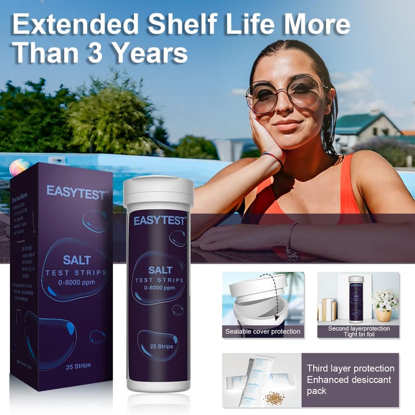 Saltwater Pool Test Strips, Swimming Pool and Spa Salt Test Strips Kit for Sodium Chloride Content 0-8000 ppm, 25 Count