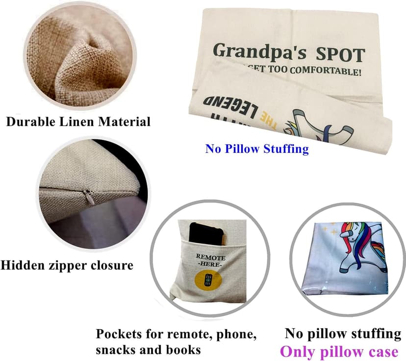 Grandpa Gifts,2-Pocket Grandpa’s Spot Throw Pillow Covers 18x18 Inch + Engraved Spoon, Fathers Day Birthday Christmas Thanksgiving Day Gifts for Papa, Granddad