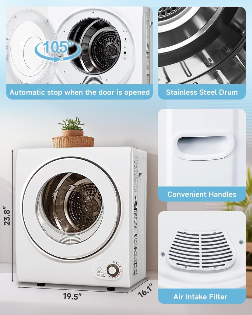 Feelfunn 110V Portable Dryer – 850W Compact Clothes Dryer with 4 Automatic Drying Modes, Stainless Steel Tub, Simple Control Knob for Apartments, Dorms & Small Spaces