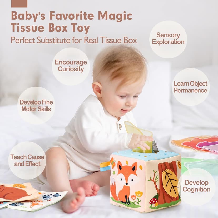 Sensory Pulling Play Scarf Soft Box, Crinkle, Mirror, Tag Babies Gifts Christmas Stocking Stuffers 1 Year Old Birthday Gift hahaland Baby Tissue Box Toy - 6 Month Old Montessori Baby Toys 6-12 Months B0CJLWD1VM