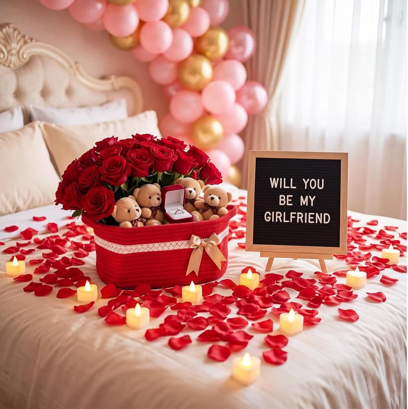 Basket Set with Letter Board, 1000 Rose Petal, 12 Heart LED Light, Romantic Gift Girlfriend Asking Anniversary Surprise Decor Ceenna Will You Be My Girlfriend Proposal Kit, Red, Cute