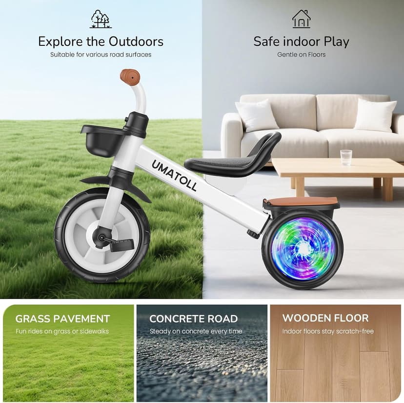 Adjustable Toddler Bike Outdoor Toys, Trike with Light up Wheels Umatoll Tricycle for Toddlers 2-5 Year Old, Birthday Gift for Boy Girl 2-4 B0DP9RKM21