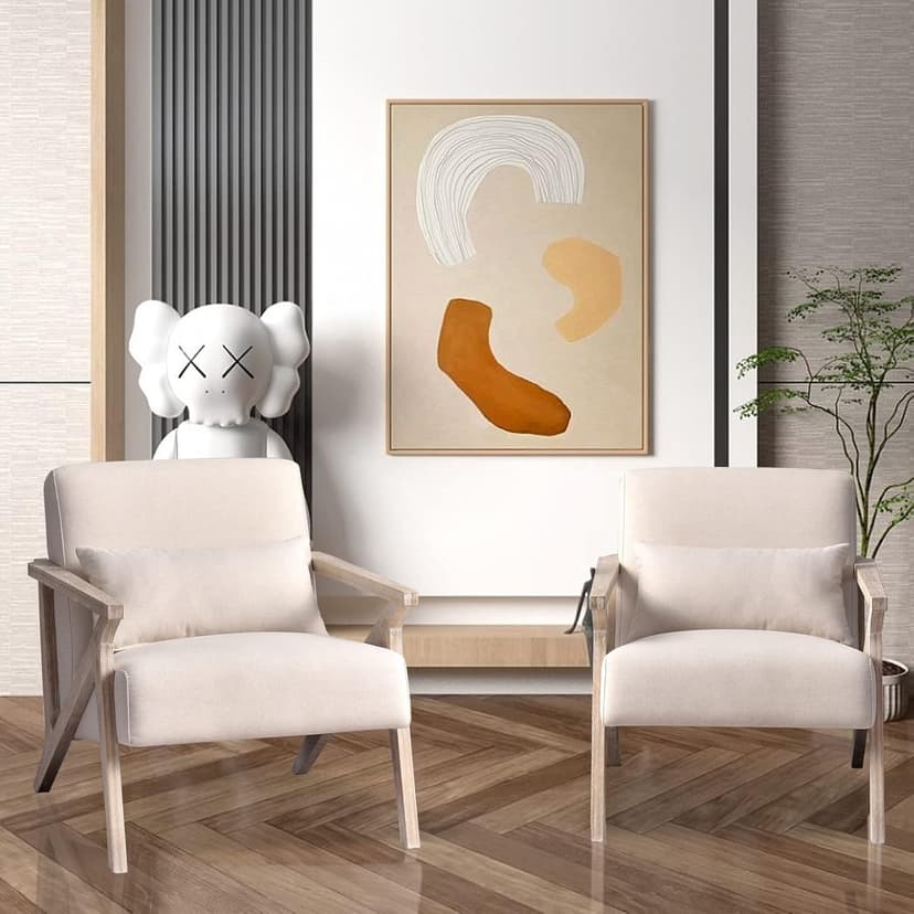 INZOY Mid Century Modern Chair with Wood Frame, Upholstered Armchair with Waist Cushion, Accent Chair for Living Room Bedroom Apartment, Easy Assembly, Beige