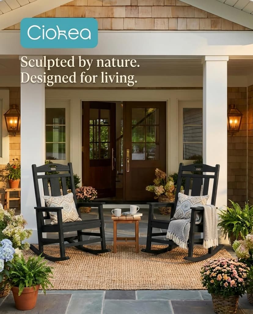 Ciokea Oversized Outdoor Rocking Chair, 380lbs Heavy-Duty Large Patio Rocker, Weather Resistant & Anti-Fade Porch Chair, High Back Cozy Rocking Chair for Outside, Fire Pit, Deck, Garden, Black