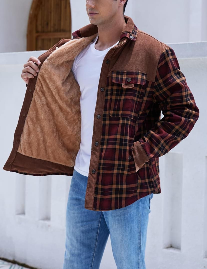 Gihuo Men's Long Sleeve Sherpa Lined Shirts Outdoor Warm Flannel Plaid Jacket Button Down Fleece Coats B0D8J55BZW