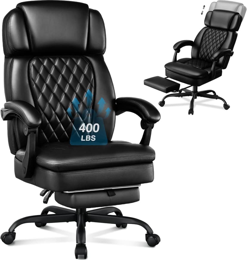 400lbs Executive Office Chair with Foot Rest for Heavy People, Ergonomic Big and Tall Desk Chair with Adjustable Headrest, High Back PU Leather Comfy Heavy Duty Computer Chair with Spring Cushion