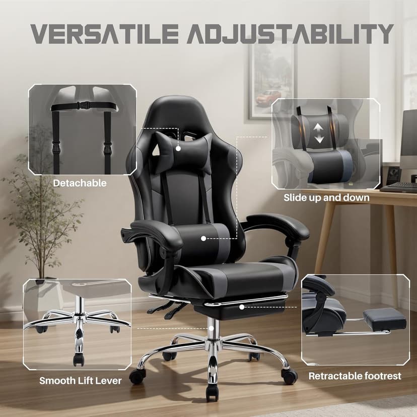 DUMOS Ergonomic Gaming Office Desk Chair with Footrest and Headrest for Adults, PU Leather Video Computer Chair with Linkage Armrests, Height Adjustable 360° Swivel Recling Chair, Black Grey