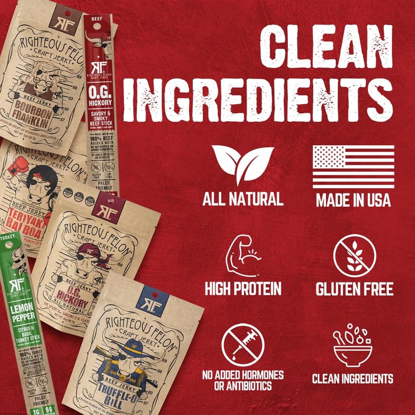 Righteous Felon Savory Beef Jerky Variety Gift Pack - Great Gifts for Men | Gluten Free, High Protein Healthy Snack | Bulk Beef, Pork, & Turkey Jerky Variety Snack Packs | The Savory 6 Pack Sampler