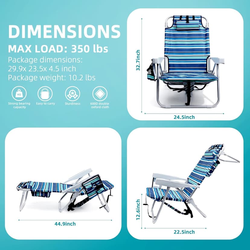 Yestomo Beach Chairs for Adults Heavy Duty, Compact Portable Lay Flat Folding Chair with Backpack Straps and Large Cooler Pouch, Support to 350LBS (Stripes_Blue&Cyan)