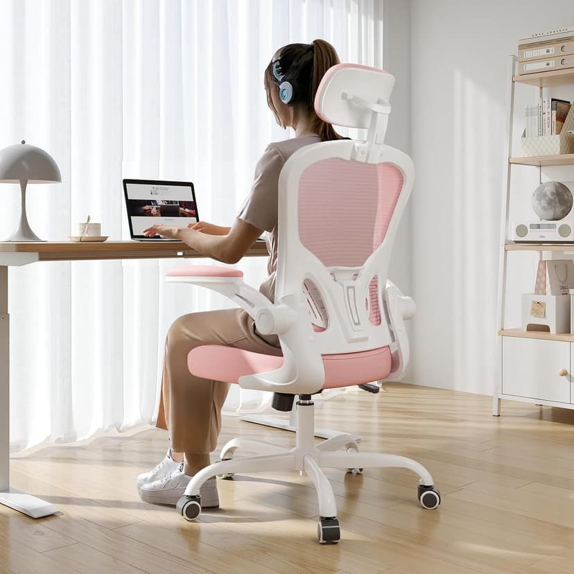 Office Chair Ergonomic Desk Chair, 330LBS Capacity, High Back Computer Design for Long Hours Comfort, Rolling Swivel Executive Task for Home Office with Flip-up Armrests, White Pink