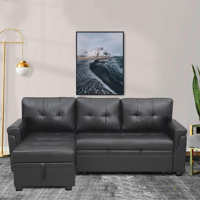 Naomi Home Modern Sectional Sofa with Storage Chaise Black/Air Leather